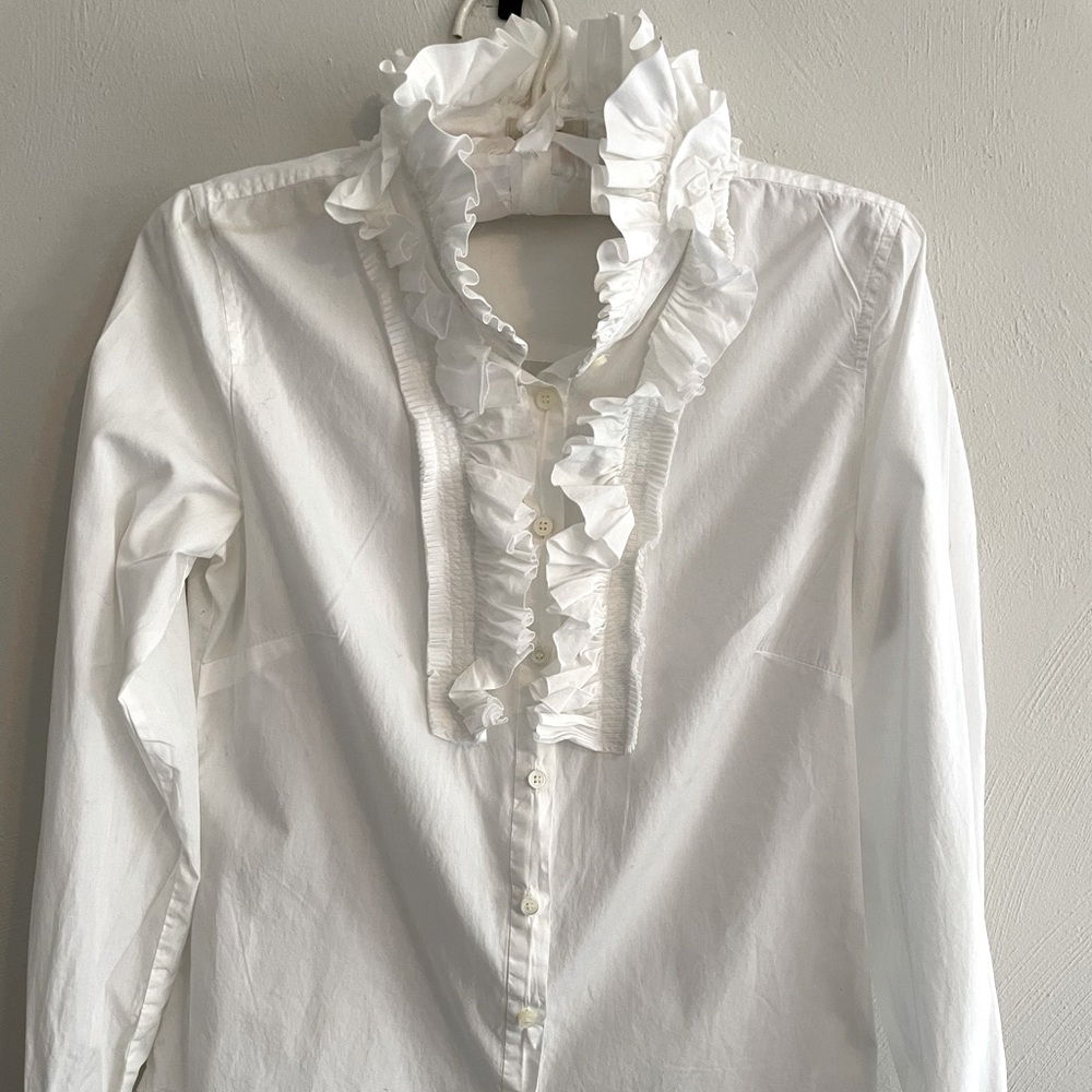 J. Crew White Button down ruffled collar Shirt Size 2